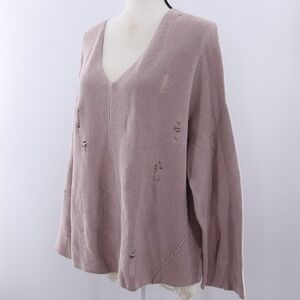 H&M Womens Oversized Distressed V Neck‎ Knit Sweater Pullover Mauve M
